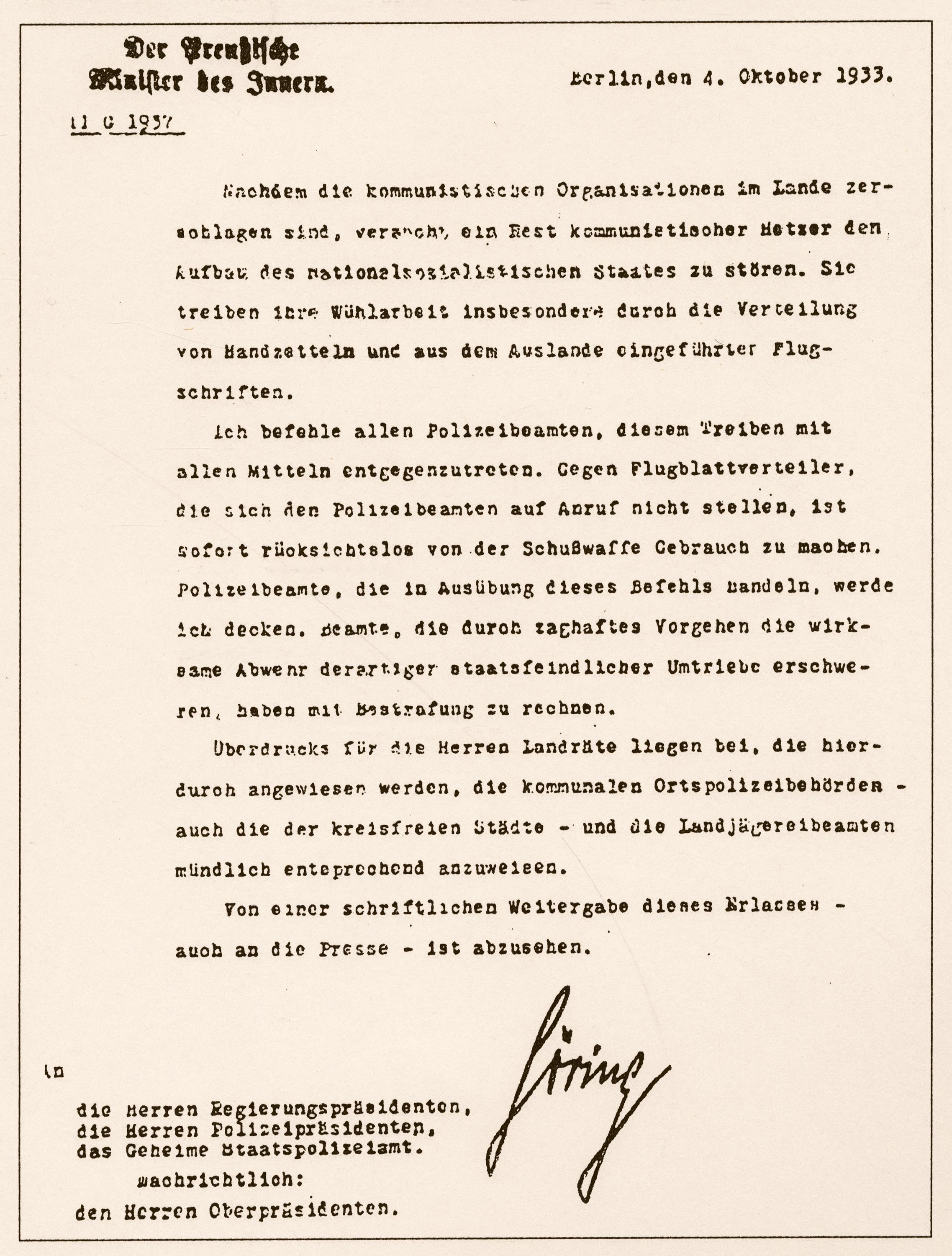 Hermann Görings Schießbefehl gegen kommunistische Flugblattverteiler